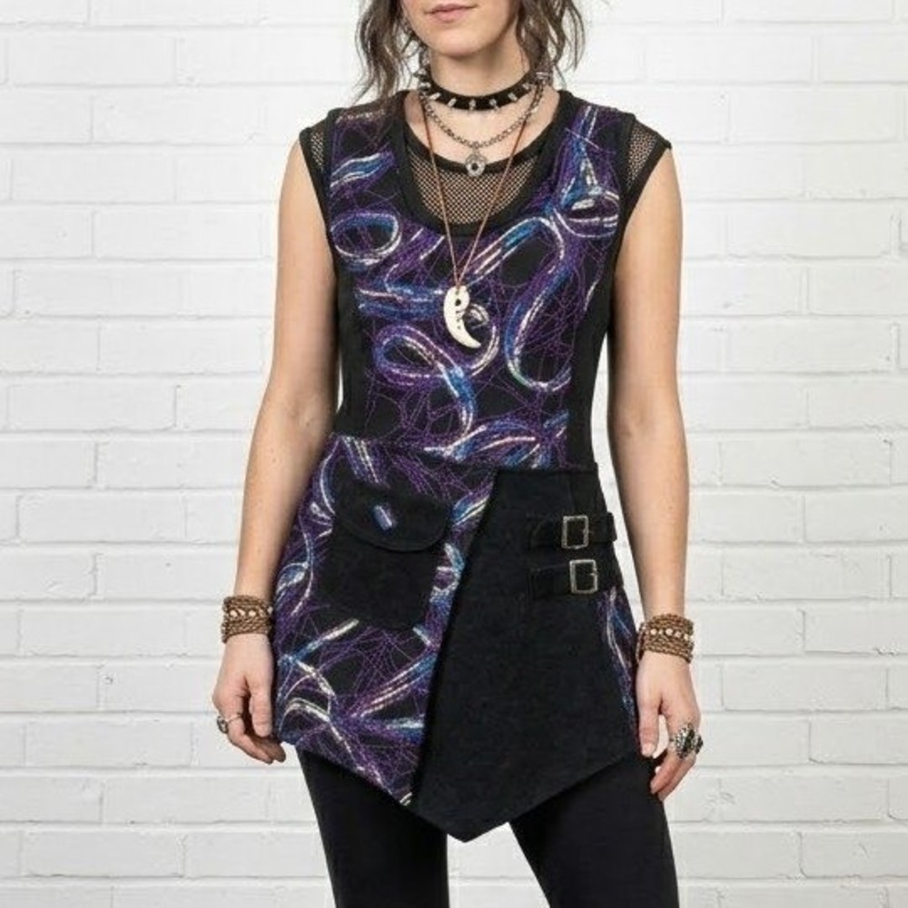 Papillon Tunic Dress Womens Medium Black Purple Abstract Buckle Goth Punk Cyber